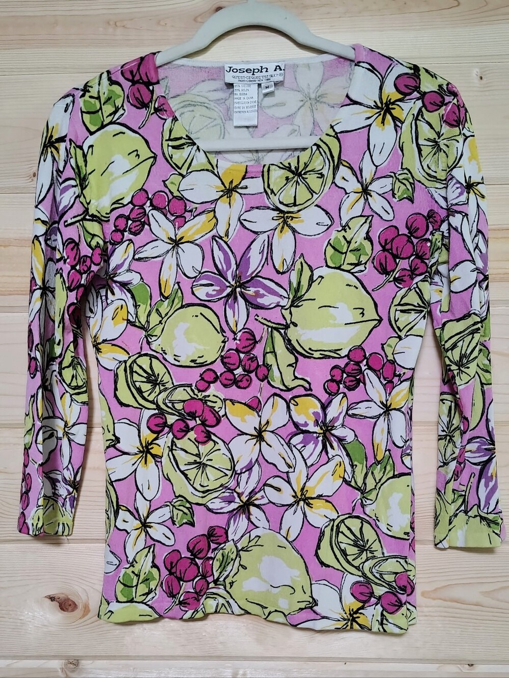 Joseph A. Pink Floral & Citrus Print Long Sleeve Top Scoop Neck Stretch Cottage